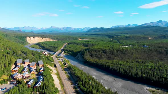 4K Drone Video of Denali Park Village along the Nenana River on the George Parks Highway Alaska Rout