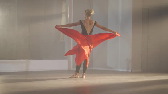 Motivated Hardworking Slim Beautiful Woman Rehearsing Ballet Dance in Slow Motion in Backlit Fog