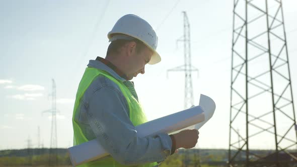 Architect Worker Checking Construction Project On Electric Tower