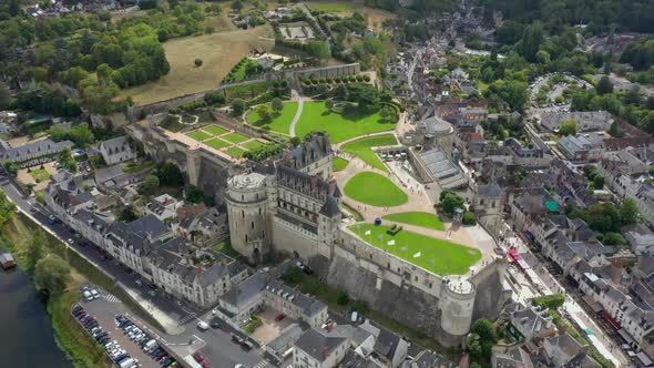 Aerial View of Royal Castle of Amboise France Luxurious Mansion in Summer Day