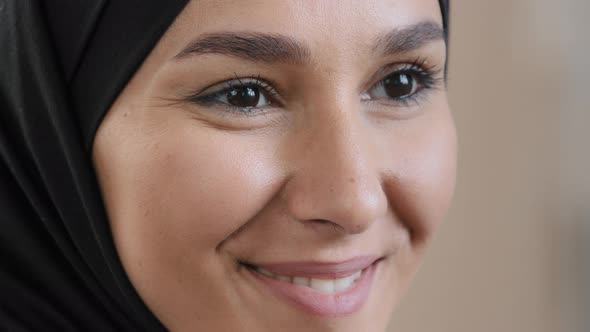 Extreme Close Up Face of Young Happy Woman in Hijab Muslim Girl Smiling with White Healthy Teeth