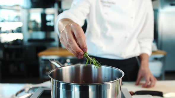 Close-up: The chef adds thyme to the pot. The process of preparing food in a restaurant.