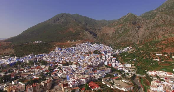 Chefchaouen, Morocco Cityscape. Wide Aerial Shot. Aerial  Apr 2016