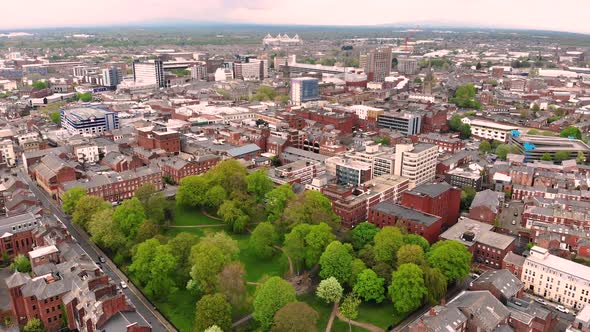 Reverse aerial view of Winckley Square and Preston stadium in the distance