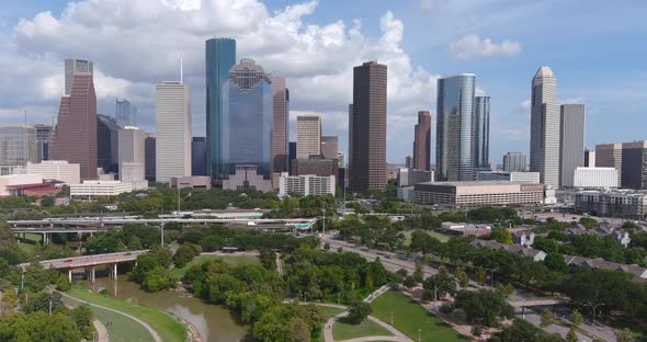 Aerial view of downtown Houston and surrounding area. This video was filmed in 6k and down scaled to