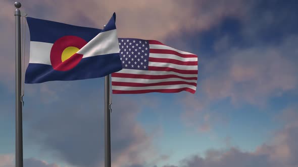 Colorado State Flag Waving Along With The National Flag Of The USA  - 2K