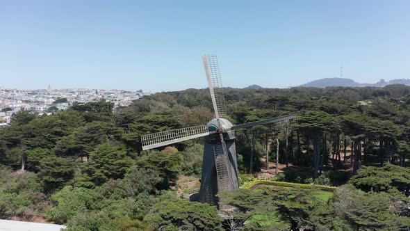 Close-up panning aerial shot of the Dutch Windmill in Golden Gate Park, San Francisco. 4K