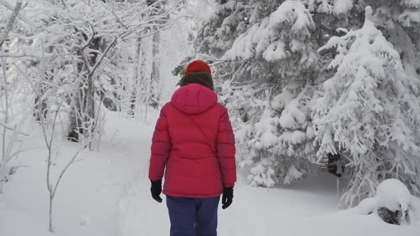 Girl in Bright Winter Clothes Walks Through the Snowy Forest