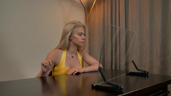 Hot Lady Connecting with Transparent Glass Computer Display
