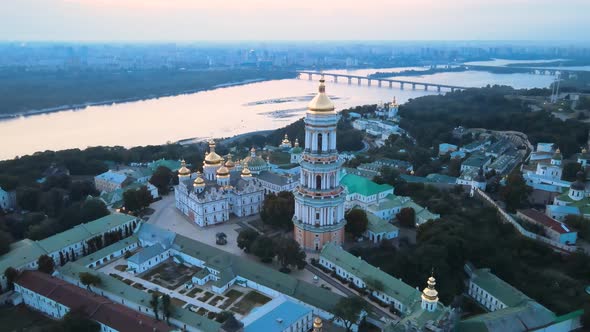 Kyiv-Pechersk Lavra in the Morning at Sunrise. Ukraine. Aerial View