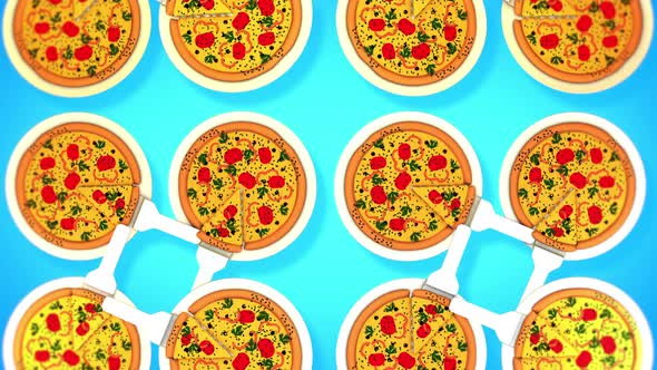 3D Computer animation of multiple digital pizzas rotating in the cyan background
