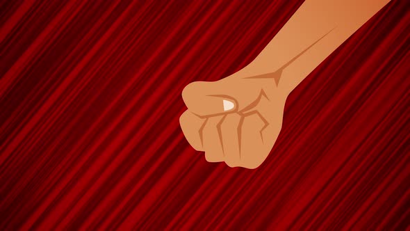 Flying fist on red background. Looped animation of punching fist. Moving arm. Animated hand.