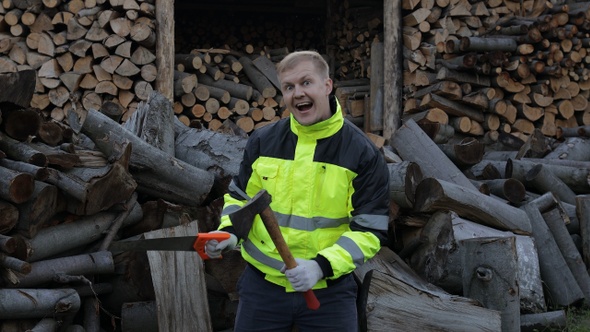 Crazy Lumberjack Dancing with Small Axe and Saw. Man Woodcutter Celebrate. Sawmill Background