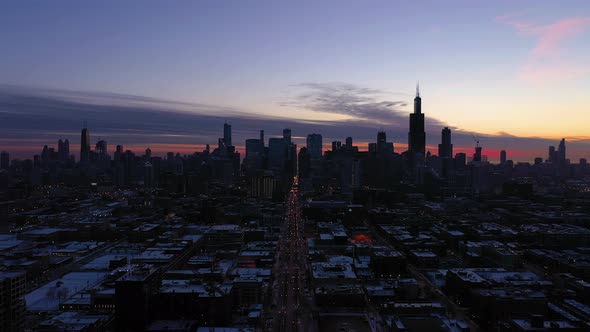 Urban Skyline of Chicago at Winter Sunrise