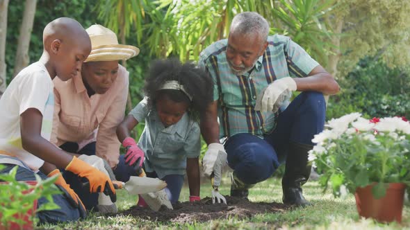 Family gardening during a sunny day