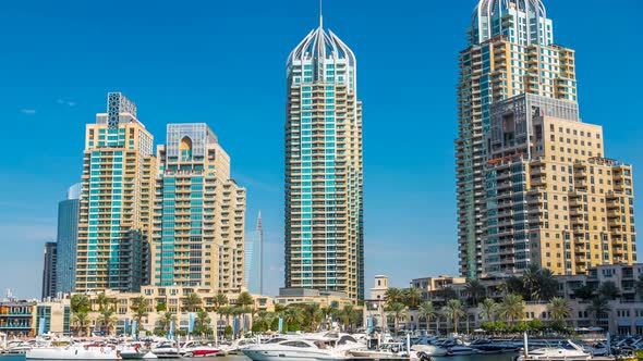View of Dubai Marina Towers and Canal in Dubai Timelapse Hyperlapse