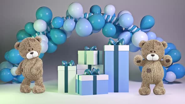 Teddy Bears Are Dancing Near To Blue Gifts And Balloons