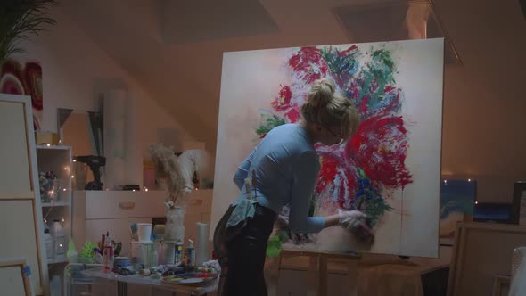 Talented Female Artist Working on a Modern Abstract Oil Painting Uses Splattering and Dripping with