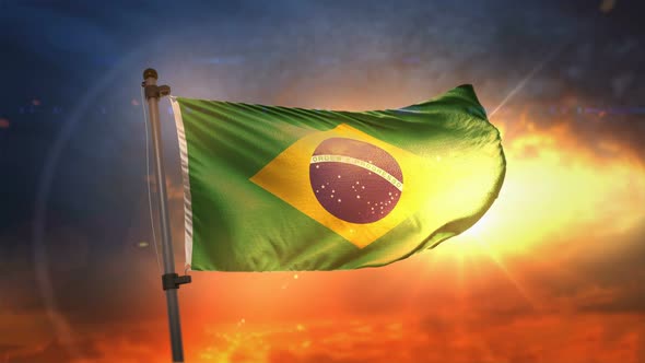 Brazil Flag Backlit At Beautiful Sunrise Loop Slow Motion