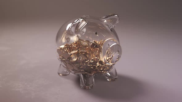 Cute glass piggy bank stuffed with growing coins changing into baseball set.