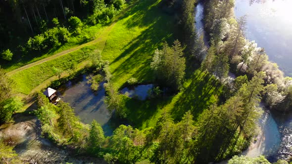 Beautiful view on an with Mountains in Schiederweiher in Upper Austria Drone Video