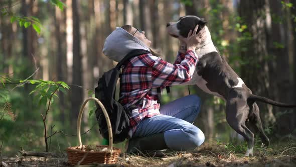 Cheerful Beautiful Woman Stroking Dog Laughing Falling Down with Pet in Slow Motion