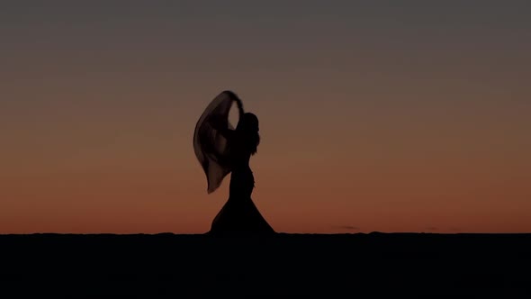 Girl Gracefully Dances with a Veil of Hands Against a Sunset. Silhouette
