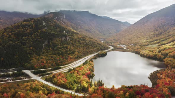 Aerial View Echo Lake at Cannon Mountain Ski Resort Autumn Day Franconia Notch