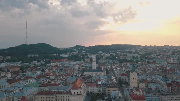 Aerial City Lviv, Ukraine. European City. Popular Areas of the City. Town Hall