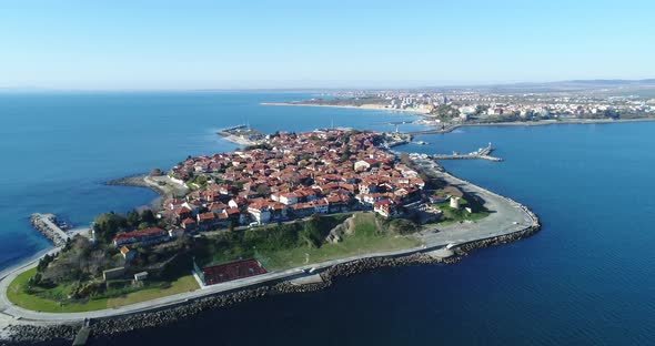 4k aerial video of Nessebar, ancient city on the Black Sea coast of Bulgaria.