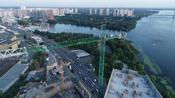 Aerial View of the Construction of a New Modern Residential Complex Near the River Kyiv Ukraine