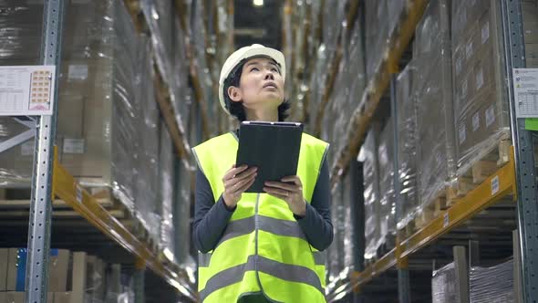 Young Asian Woman Is Using Tablet Standing in Warehouse During Working Day