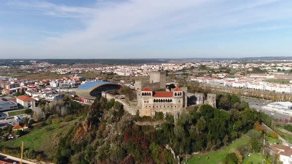 City of Leiria, Portugal. Aerial cityscape with hilltop Leira castle