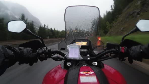 POV Biker Ride Motorcycle on Highway in Heavy Rain with Fog By Austria Mountains