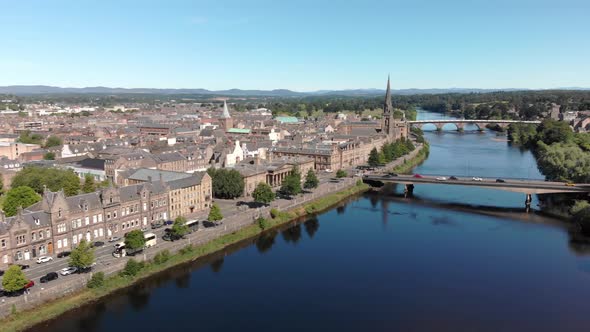 Aerial view of Perth and River Tay  in Scotland during a beautiful summer morning with blue sky. Pan