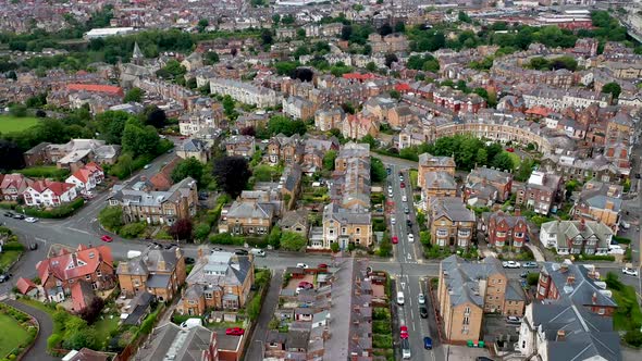 Aerial drone footage of the town centre of Scarborough in the UK