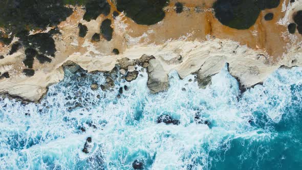 Pure Blue Ocean Water Waves Crash Mountain Beautiful Aerial Top View Landscape Cyprus