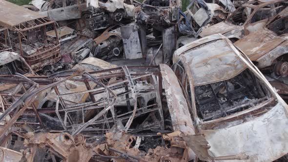 War in Ukraine a Dump of Burned Cars in Irpin Bucha District