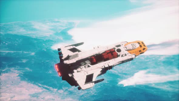 3D Illustration of a Spaceship in Orbit Around Planet Earth alt