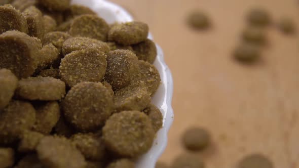 Dry cat food in a white bowl. Falling in slow motion. Macro