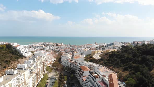 Mediterranean seascape of Albufeira, Faro, In Algarve, Portugal - Panoramic Aerial Shot