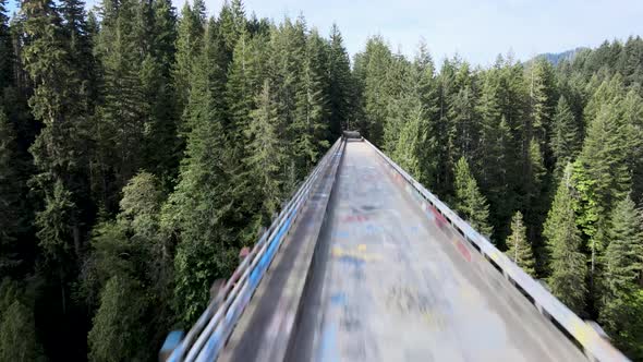 Speeding low over an abandoned steel truss bridge and rising, revealing the surrounding dense forest