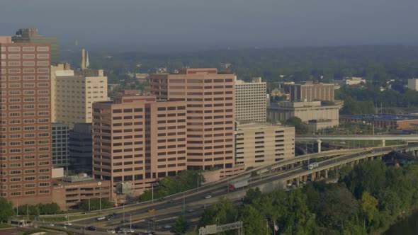 Traffic on overpass bridge in downtown area in Hartford