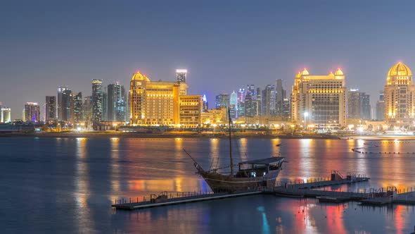 View From Katara Beach Day to Night Timelapse in Doha Qatar Towards the West Bay and City Center