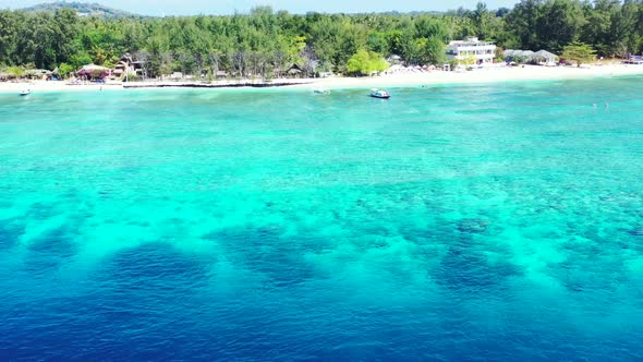 Aerial drone shot tourism of paradise sea view beach wildlife by blue water with white sandy backgro