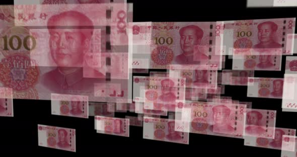 China Yuan 100 banknote – flying between transparent money