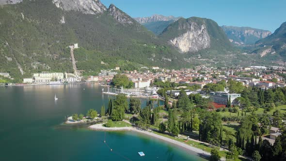 Aerial Shot. Top View of the Beautiful Italian City of Riva Del Garda. Old Low Houses, Narrow