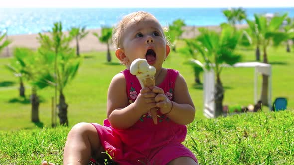 Baby Eats Ice Cream in the Summer