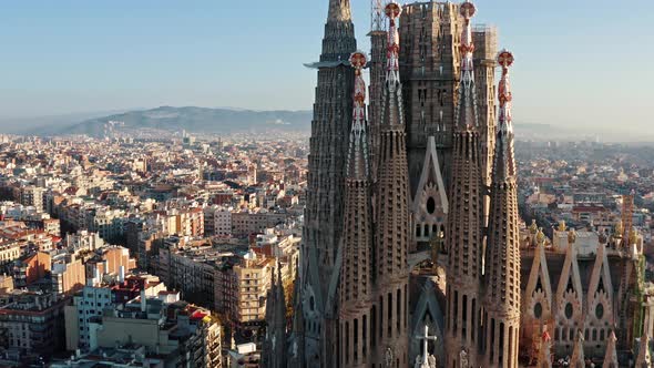 Aerial View of Expiatory Temple Church Basilica of the Sagrada Familia in Barcelona Catalonia Spain