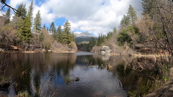 Time Lapse of Clouds Passing by Snowy Mountain and Ducks in a Lake in Idyllwild